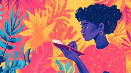 Woman Writing in Notebook Amidst Vibrant Tropical Foliage