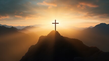 A glowing cross on a mountain peak, silhouetted against the golden rays of sunrise, symbolizing hope and faith