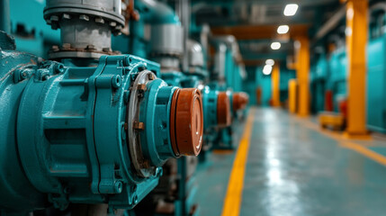 Obraz premium Industrial teal colored diesel engine powering a ship, showing the complexity and power of marine engineering