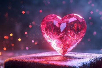 Obraz premium crystal heart glowing softly with pink and red hues, sparkling and shiny, resembling a diamond jewel of love and romance