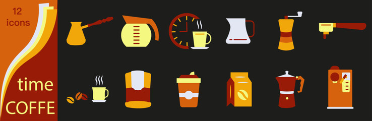Coffee icon set. Coffee icons in several colors. Everything for coffee. Time for coffee icons.