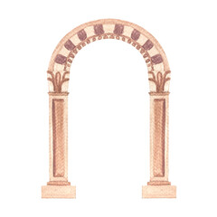Stone greek ancient classic arch on white background. High quality architecture watercolor illustration for cards, posters, stickers, decor and design. Decorative residence image in beige color