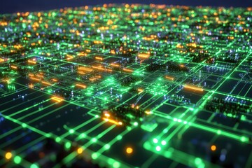 Obraz premium Glowing Green Circuitry Illuminates A Futuristic Cityscape