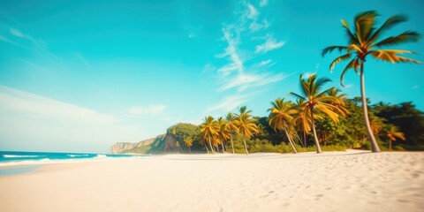 Serene tropical beach scene with lush palm trees and clear turquoise water under a vibrant summer sky