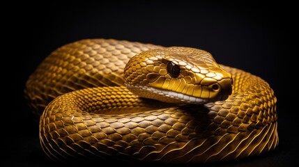 Fototapeta premium A golden snake with rich metallic scales coiled elegantly, its head raised slightly, exuding a sense of power and beauty on a white background