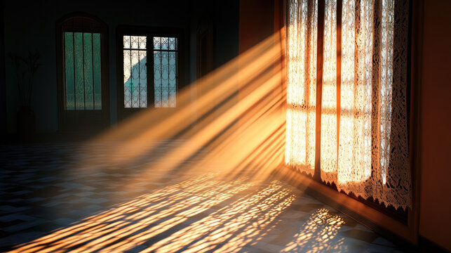 A warm sunbeam filters through lace curtains, casting intricate shadows across a serene, dimly lit room.