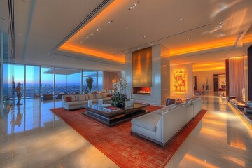 Luxurious Penthouse Living Room with City View at Sunset