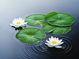 Tranquil water scene featuring white lilies and green lily pads, creating serene ripples on the water's surface.