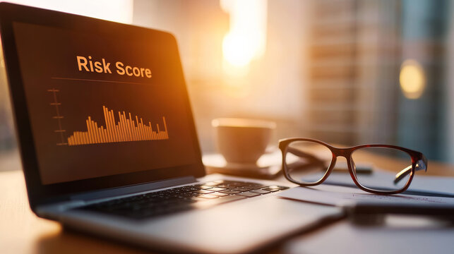 Risk score bar graph displayed on laptop screen, suggesting financial analysis in progress, with eyeglasses and coffee cup nearby on desk