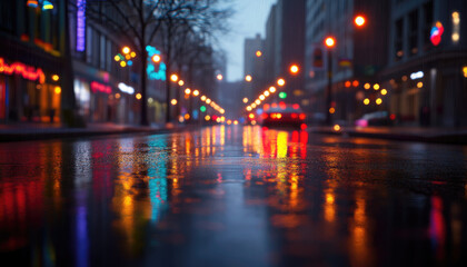 Fototapeta premium A rainy city street reflects colorful lights, creating a moody atmosphere with shops and buildings in the background.