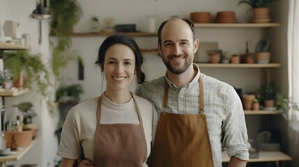 A smiling couple stands in a cozy plant shop filled with greenery and pots.
