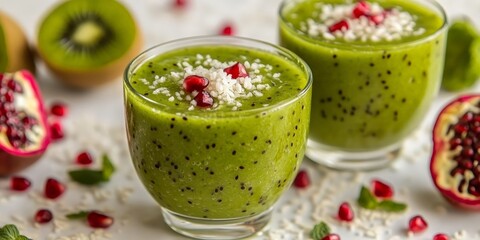 Refreshing Kiwi Smoothie Garnished with Coconut and Pomegranate