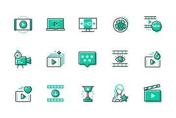 Cinema and rating - set of line design style icons