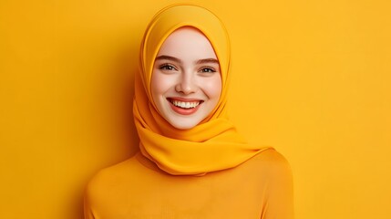 A smiling woman in a bright yellow hijab against a matching yellow background.