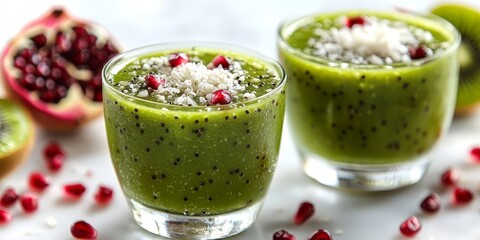 Refreshing Kiwi Smoothie Garnished with Coconut and Pomegranate