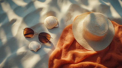 Straw hat, orange towel, seashells, and sunglasses on a sandy beach with soft palm shadows