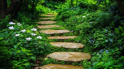 Obraz premium Winding stone path through lush green garden with white flowers.