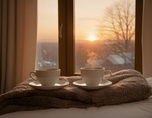 clean modern room sunrise window light with cup of tea white soft fluffy bed sheet covered bed  valentine's day love romance concept