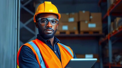 A worker in safety gear holding a tablet in a warehouse setting.