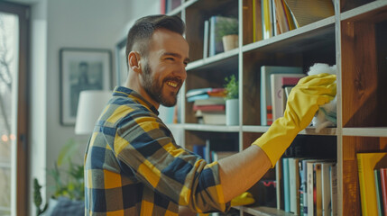 Cleaning man wearing yellow rubber gloves, actively cleaning a house. Concept of cleanliness, household chores, and professional cleaning. Bright, practical, and relatable scene.