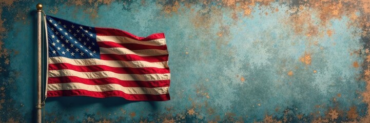 Fototapeta premium American flag waving gently in the wind against a grunge background with distressed textures and muted colors, texture, america, background