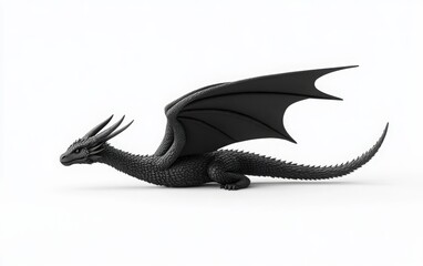 Obraz premium A 3D render of a black dragon with horns in a flying pose, captured from a side view on a white background. 