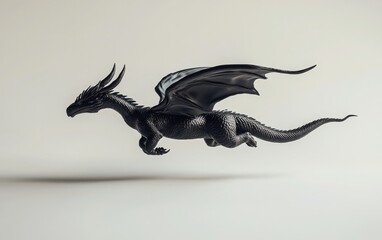 Naklejka premium A 3D render of a black dragon with horns in a flying pose, captured from a side view on a white background. 