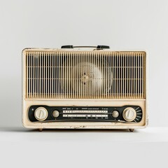 Fototapeta premium A vintage radio with a worn exterior, showcasing retro design and functionality. isolated on white background