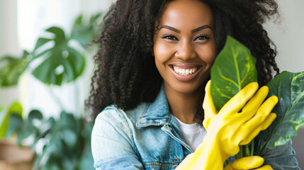 African-American cleaning lady wearing yellow rubber gloves, actively cleaning a house. Concept of cleanliness, household chores, and professional cleaning. Bright, practical, and relatable scene.