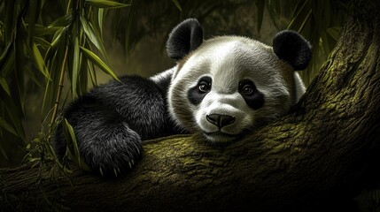 Giant Panda Resting On A Tree Branch In Bamboo Forest