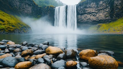 Majestic Waterfall Amidst Rugged Rocks and Calm Waters
