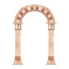 Stone greek ancient classic arch on white background. High quality architecture watercolor illustration for cards, posters, stickers, decor and design. Decorative residence image in beige color