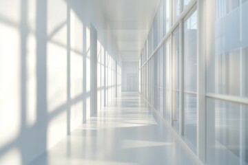 Sunlit white corridor with large windows.