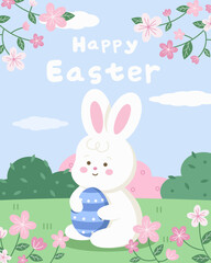 Happy Easter banner cover vector elements.Playful cute white bunny holding Easter eggs, cute chick hatched from an egg in a basket of eggs, hand drawn.  A charming design for decor, cards and children