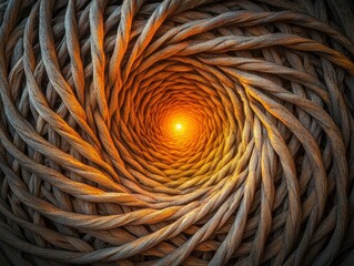 Artistic Representation of Spiraling Rope Circles Symmetrically Aligned with a Warm Inner Glow and Textured Detail
