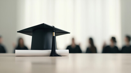 Close up of Graduation Hat and Diploma on table and copy space