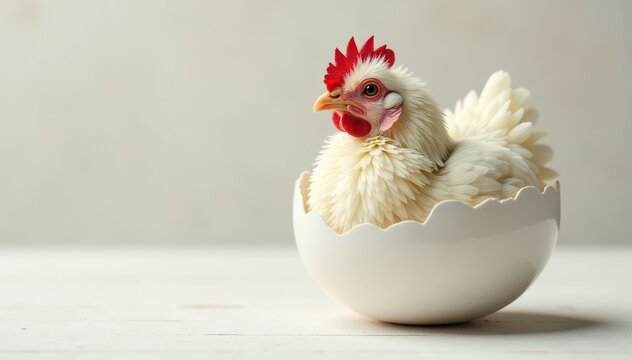 Fluffy chicken emerging from a pristine white egg , chicks, poultry