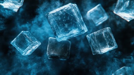 Frozen ice cubes suspended in smoky air.