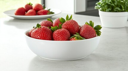 Fresh Strawberries in a White Bowl on a Counter