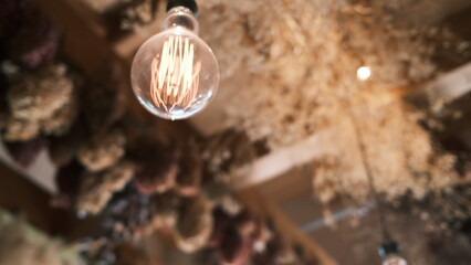 a Incandescent bright bulb under the rooftop of Preserved flower in a natural farm house
