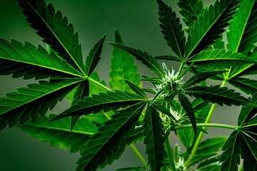 Cannabis plant with green leaves and white flowers. Growing organic marijuana indoors