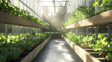 A modern greenhouse filled with rows of strawberry plants in suspended planters, with efficient irrigation systems keeping the environment lush and productive