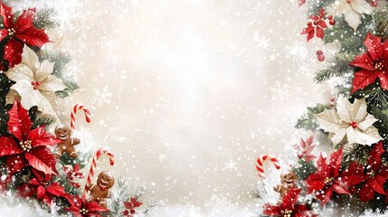 Festive Border with Christmas Elements Featuring Poinsettias, Gingerbread Men, and Snowflakes for Holiday-Themed Designs and Decorations
