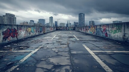 An abandoned rooftop parking deck with cracked pavement, graffiti on the walls, and a gloomy overcast sky