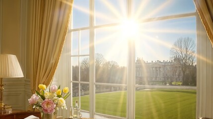 Elegant aesthetic of flowers on table by bright window with sun rays and outdoor view