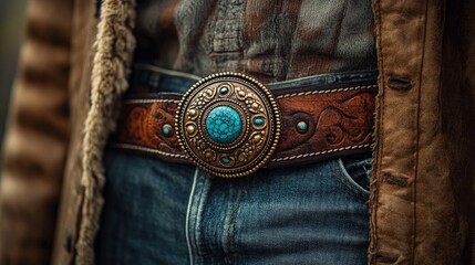 Close-Up of Cowboy Belt Buckle with Turquoise Stones