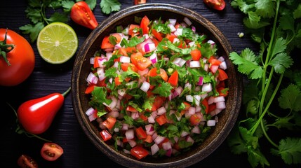 A natural and appetizing image of homemade pico de gallo, its bold colors enhanced by the bright white background, with cilantro sprigs scattered around