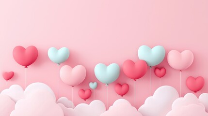 A whimsical arrangement of heart-shaped balloons in soft colors against a pastel pink background, creating a cheerful and romantic atmosphere.