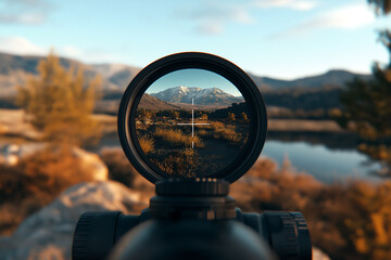 Mountain Lake View Through Rifle Scope: A Stunning Autumn Landscape