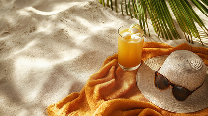 Tropical drink and straw hat on an orange towel under palm shadows